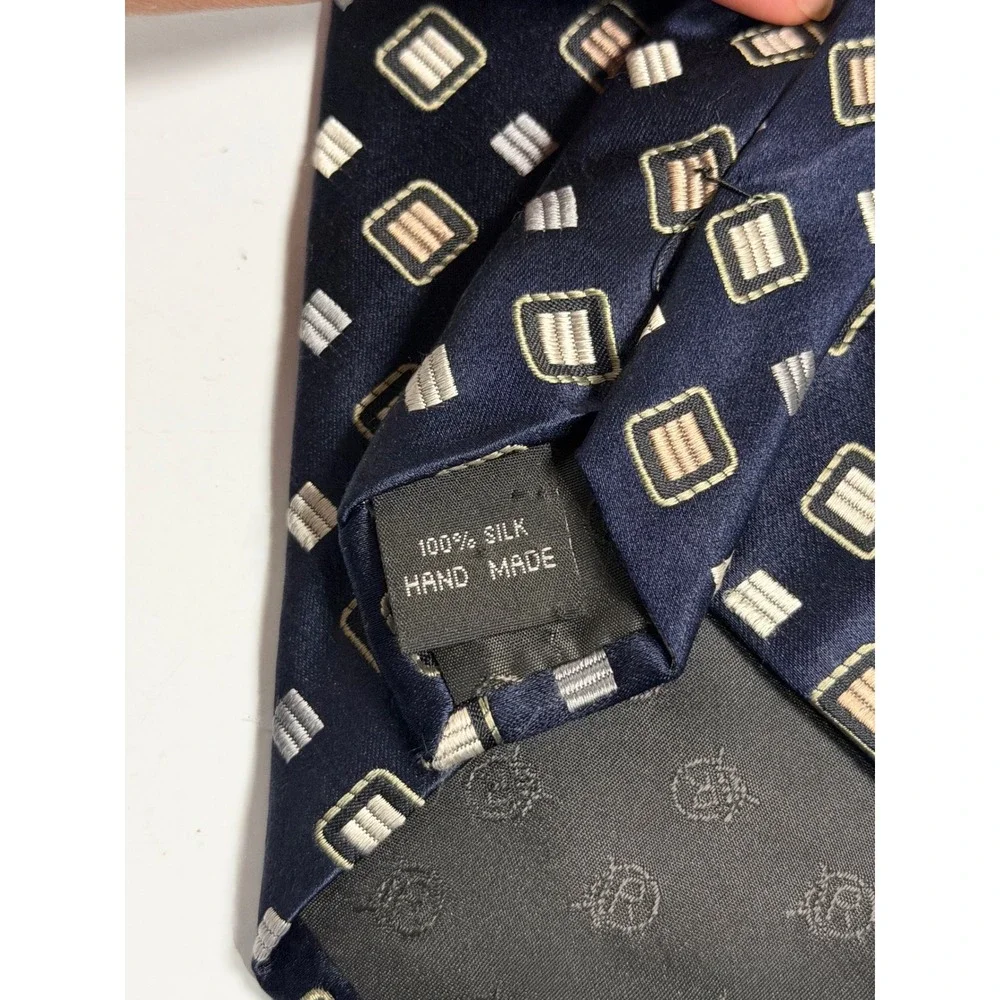 Preswick & Moore Necktie Navy Blue Geometric Silk Stain Repellent Wrinkle Free
